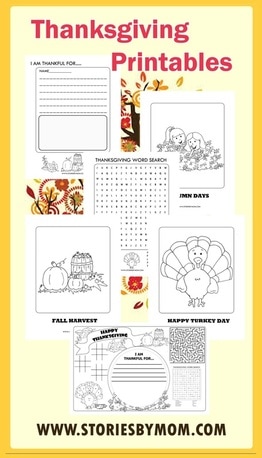 Thanksgiving Printables, including Coloring Pages of Turkey, Fall, Pumpkin and Apples Harvest. Word Search, I Am Thankful and Place Mat from www.storiesbymom.com