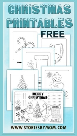 Free Christmas Printables, Coloring Pages, and Placemat from www.storiesbymom.com children's books. Includes a snowman with snowflakes, a Christmas tree, silver bells, candy canes, and a stocking.
